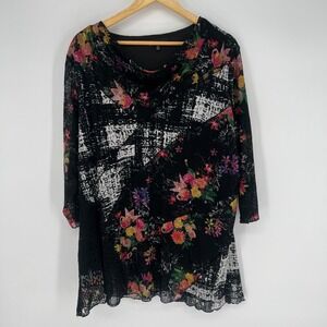 Calessa Womens Tunic Top Sz 2X Floral Mixed Print Mesh Patchwork Boho Cowl Neck